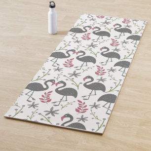 Pink flamingo seamless pattern flowers, leaves yoga mat