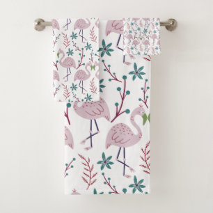Pink flamingo seamless pattern on white background bath towel set