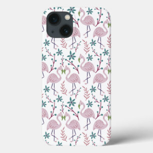 Pink flamingo seamless pattern on white background iPhone 13 case