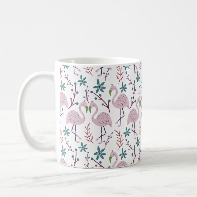 Pink flamingo seamless pattern on white background coffee mug (Left)