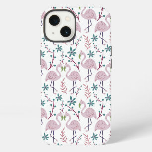 Pink flamingo seamless pattern on white background iPhone 13 case