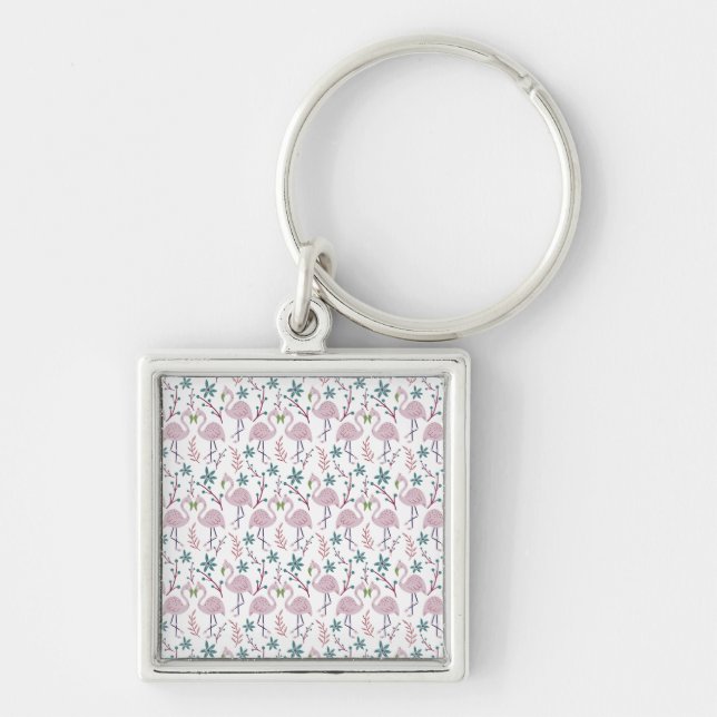Pink flamingo seamless pattern on white background keychain (Front)