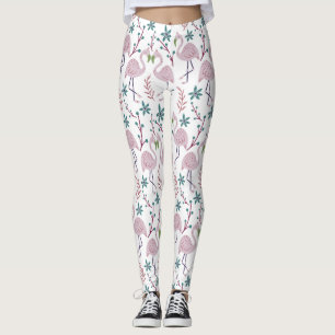 Pink flamingo seamless pattern on white background leggings