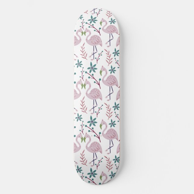 Pink flamingo seamless pattern on white background skateboard (Front)