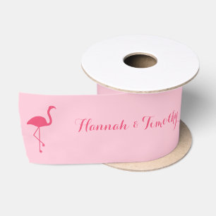 Pink Flamingo Silhouette With Custom Names Wedding Satin Ribbon