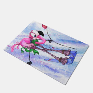 Pink Flamingo Skier Doormat