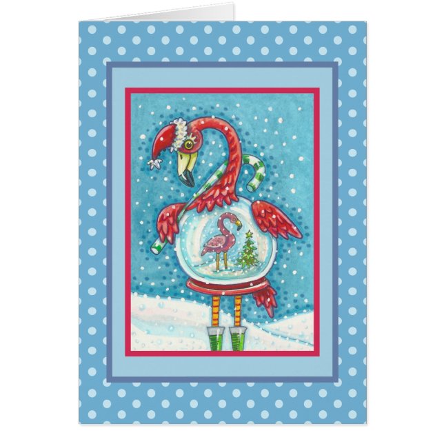 PINK FLAMINGO SNOWGLOBE, CHRISTMAS GREETING CARD V (Front)