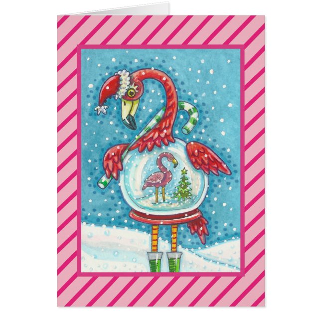 PINK FLAMINGO SNOWGLOBE, CHRISTMAS GREETING CARD V (Front)