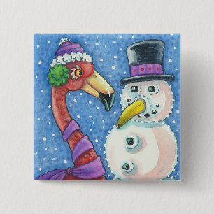 PINK FLAMINGO SNOWMAN CHRISTMAS BUTTON Square