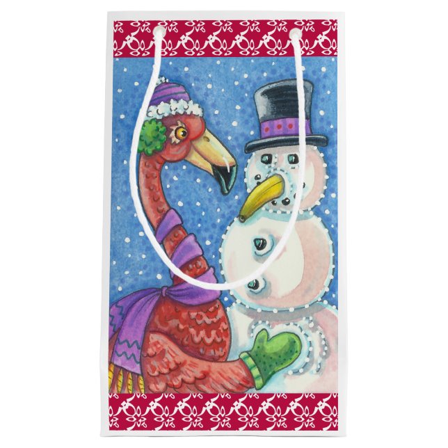 PINK FLAMINGO SNOWMAN CHRISTMAS GIFT BAG Small (Front)