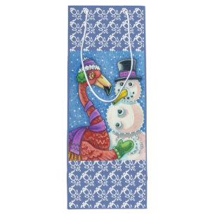 PINK FLAMINGO SNOWMAN CHRISTMAS GIFT BAG - WINE