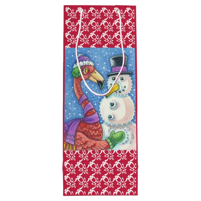 PINK FLAMINGO SNOWMAN CHRISTMAS GIFT BAG - WINE (Back)