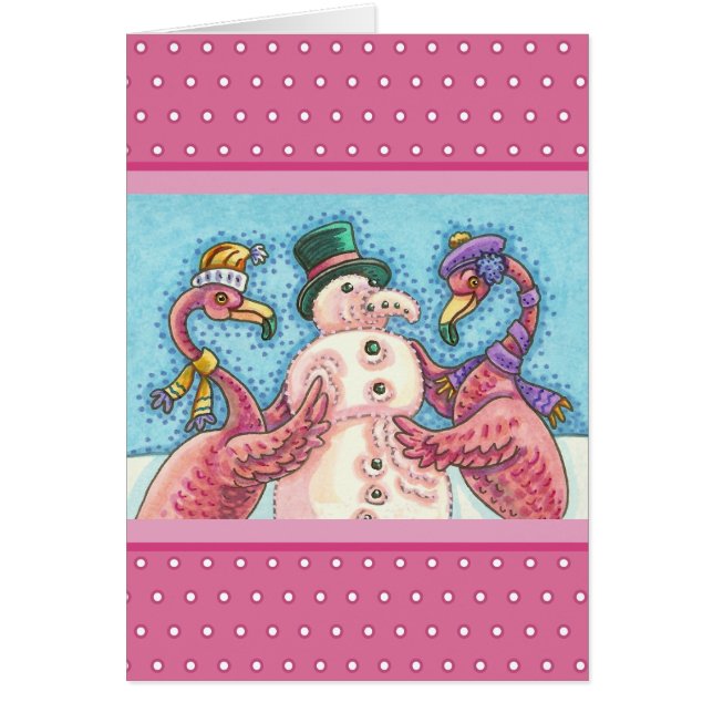 PINK FLAMINGO SNOWMAN, CHRISTMAS GREETING CARD V (Front)