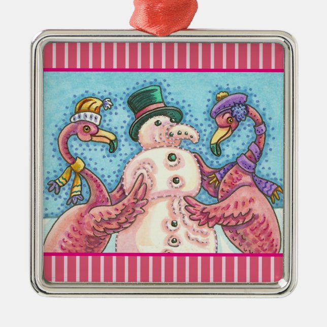 PINK FLAMINGO SNOWMAN, CHRISTMAS HOLIDAY ORNAMENT (Front)