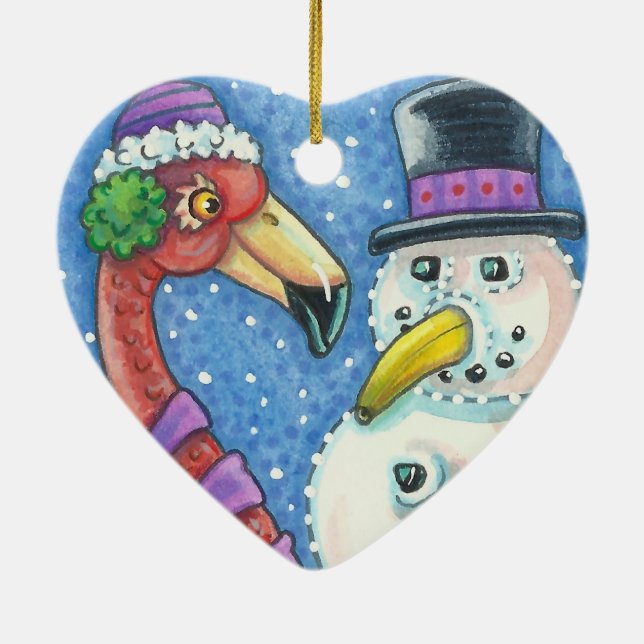 PINK FLAMINGO SNOWMAN CHRISTMAS ORNAMENT Heart (Back)