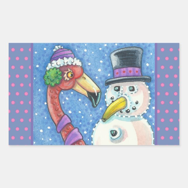 PINK FLAMINGO SNOWMAN CHRISTMAS STICKERS Rectangle (Front)