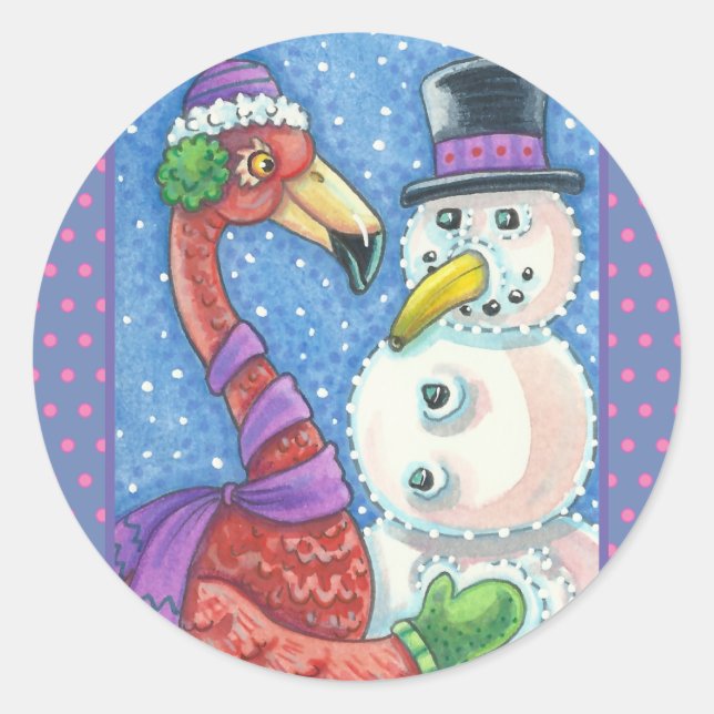 PINK FLAMINGO SNOWMAN, CHRISTMAS STICKERS Round (Front)