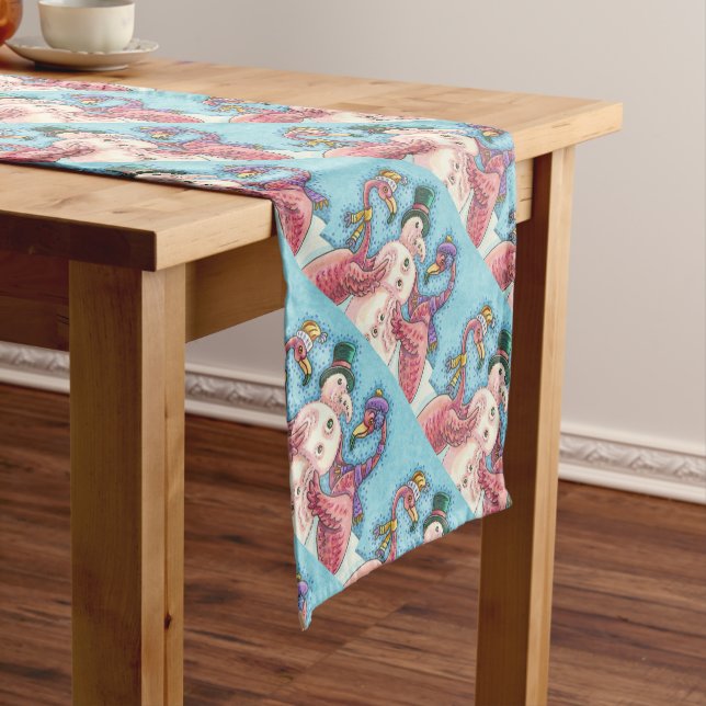 PINK FLAMINGO SNOWMAN CHRISTMAS TABLE RUNNER (In Situ)