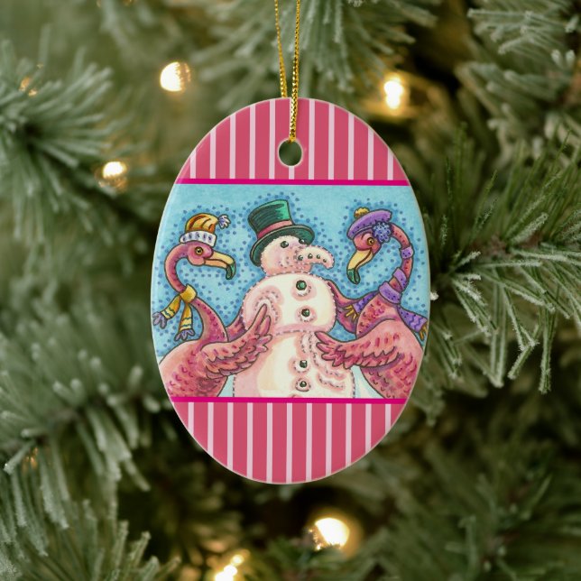 PINK FLAMINGO SNOWMAN, FUNNY CHRISTMAS BIRDS CERAMIC ORNAMENT (Tree)