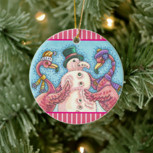 PINK FLAMINGO SNOWMAN, FUNNY CHRISTMAS BIRDS CERAMIC ORNAMENT