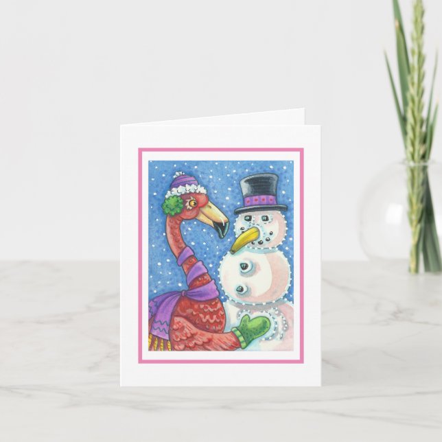 PINK FLAMINGO SNOWMAN HOLIDAY GREETING CARD Blank (Front)