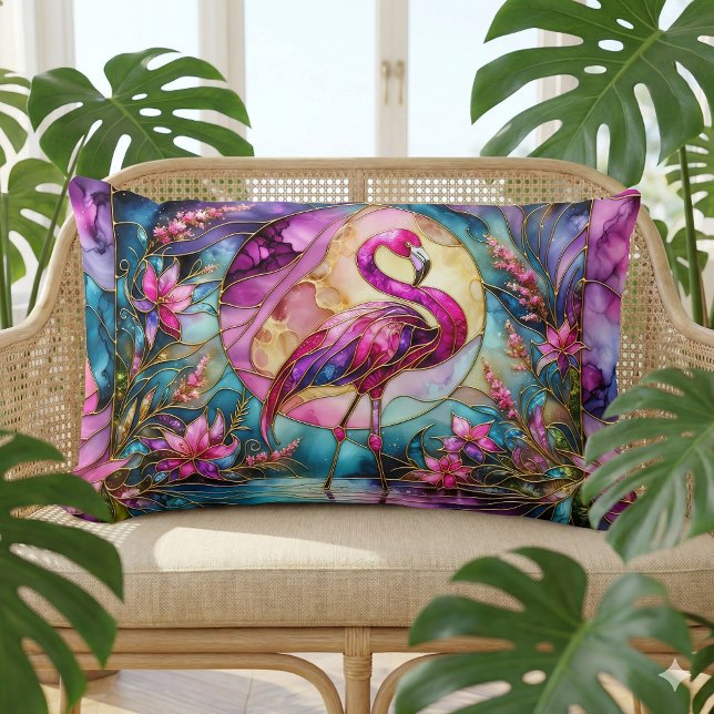 Pink Flamingo Stained Glass Mosaic Lumbar Pillow (Pink Flamingo Stained Glass Mosaic Lumbar Pillow Mockup A)