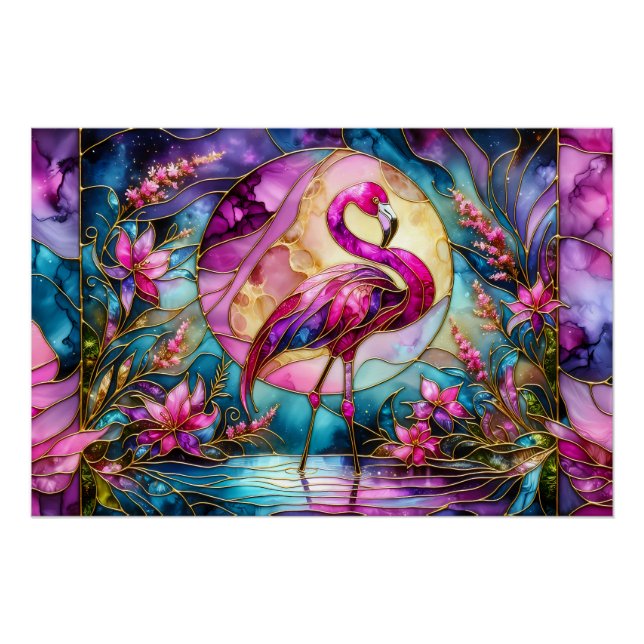 Pink Flamingo Stained Glass Mosaic Poster (Front)