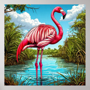 Pink Flamingo Standing in a Serene Tropical Poster