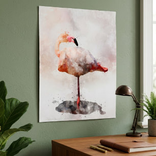 Pink Flamingo Standing in Watercolor Art Print