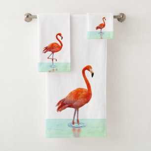 Pink Flamingo Standing on the Lake Bath Towel Set