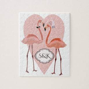 Pink Flamingo stylish heart love Jigsaw Puzzle
