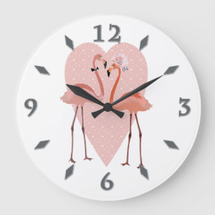 Pink Flamingo stylish heart love Large Clock