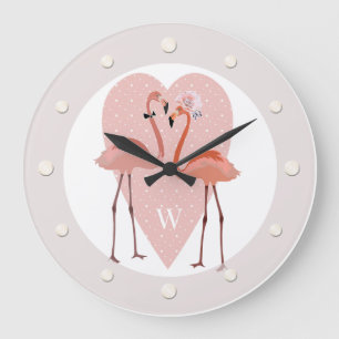 Pink Flamingo stylish heart love Large Clock