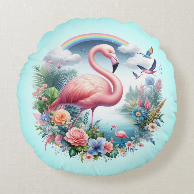 Pink Flamingo Sublimation Round Pillow (Front)