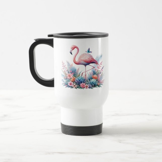 Pink Flamingo Sublimation Travel Mug (Left)