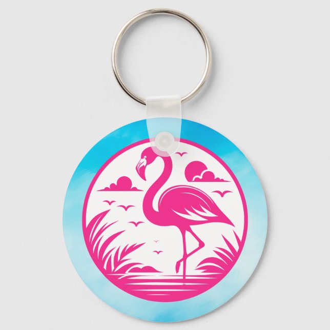 Pink Flamingo Summer Circle Design-68730 Keychain (Front)
