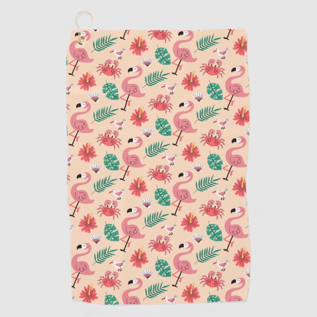 Pink Flamingo Summer Tropical Pattern Golf Towel (Front)