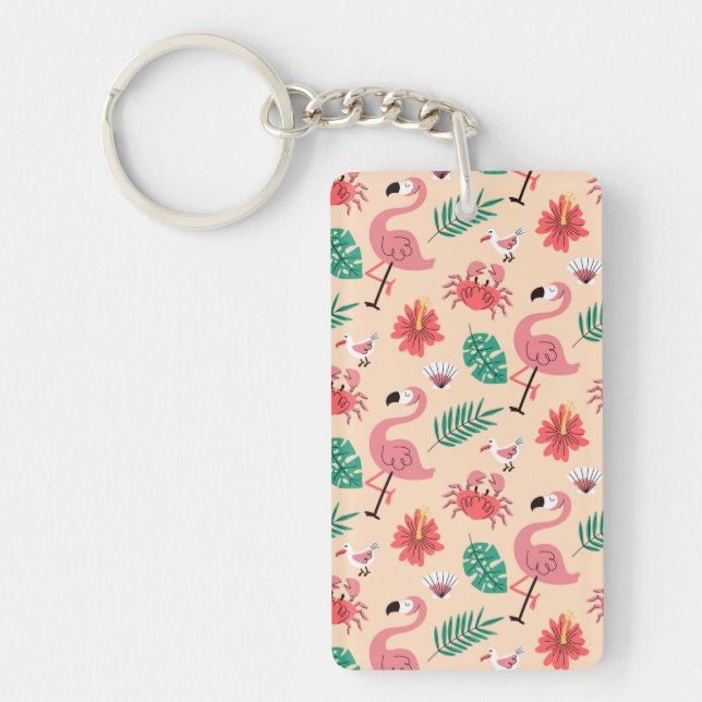 Pink Flamingo Summer Tropical Pattern Keychain (Front)
