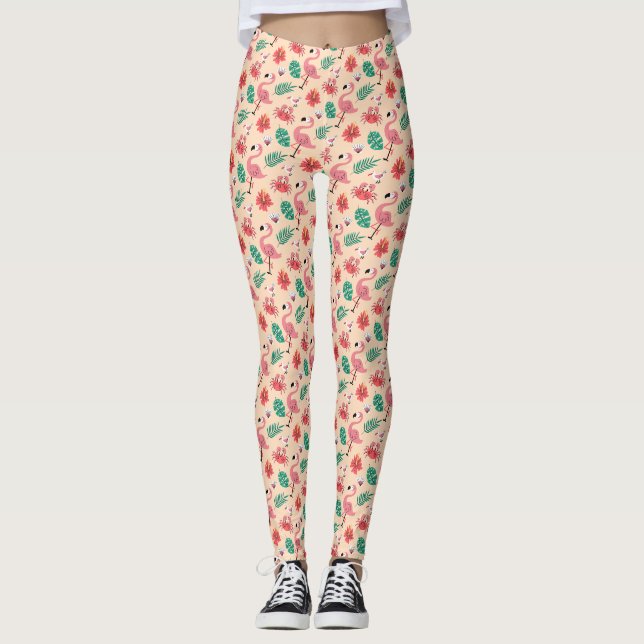 Pink Flamingo Summer Tropical Pattern Leggings (Front)