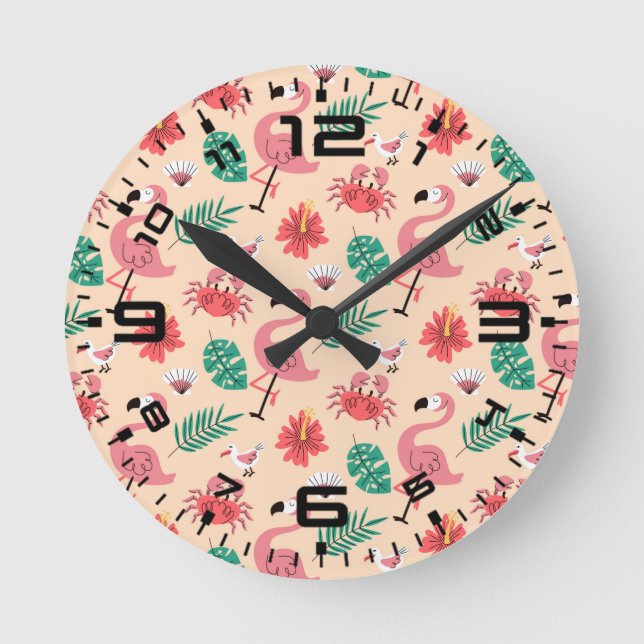 Pink Flamingo Summer Tropical Pattern Round Clock (Front)