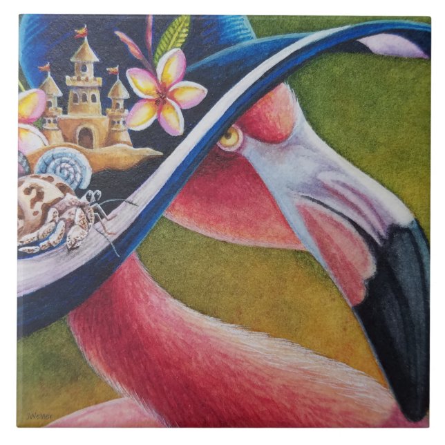 Pink Flamingo Sun Hat Hermit Crab Watercolor Art  Tile (Front)