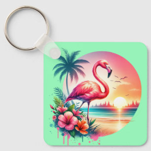 Pink Flamingo Sunset Clipart-93938 Keychain