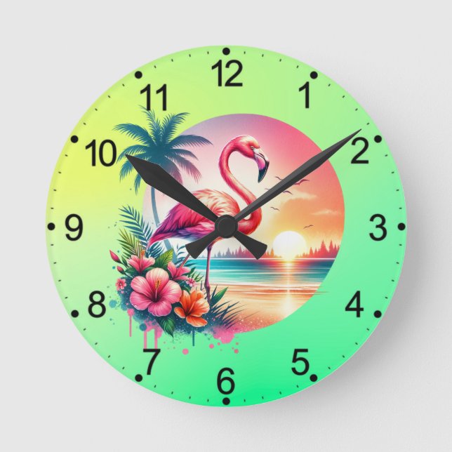 Pink Flamingo Sunset Clipart Round Clock (Front)