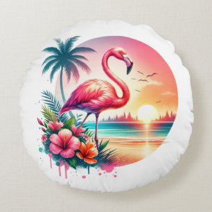 Pink Flamingo Sunset Clipart Round Pillow