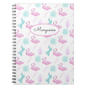 Pink Flamingo Teal Cactus Personalize Name Notebook