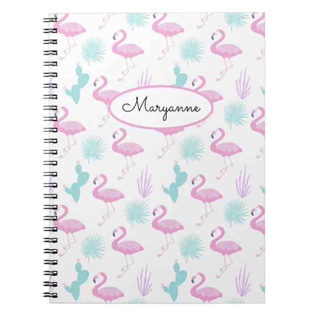 Pink Flamingo Teal Cactus Personalize Name Notebook (Front)