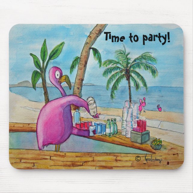 Pink Flamingo Time to Party Mousepad Watercolor (Front)