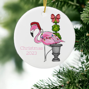 Pink Flamingo Topiary Personalized Christmas Ceramic Ornament