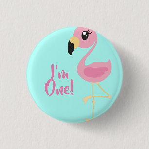 Pink Flamingo Tropical 1st Birthday Button Pin