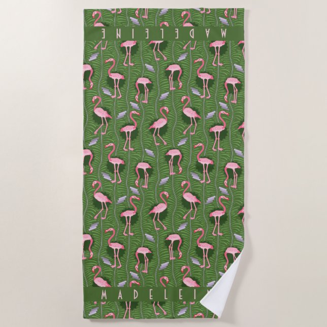 Pink Flamingo Tropical Art Deco Dark Green Custom Beach Towel (Front)